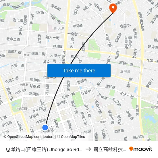 忠孝路口(四維三路) Jhongsiao Rd. Intersection(Sihwei 3rd Rd.) to 國立高雄科技大學建工校區 map