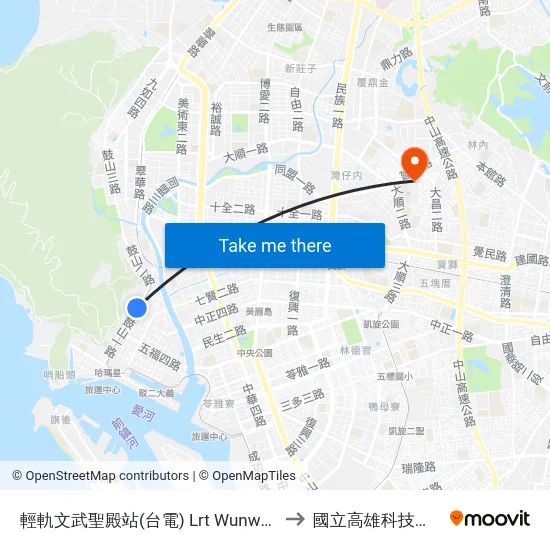 輕軌文武聖殿站(台電) Lrt Wunwu Temple Station(Tpc) to 國立高雄科技大學建工校區 map