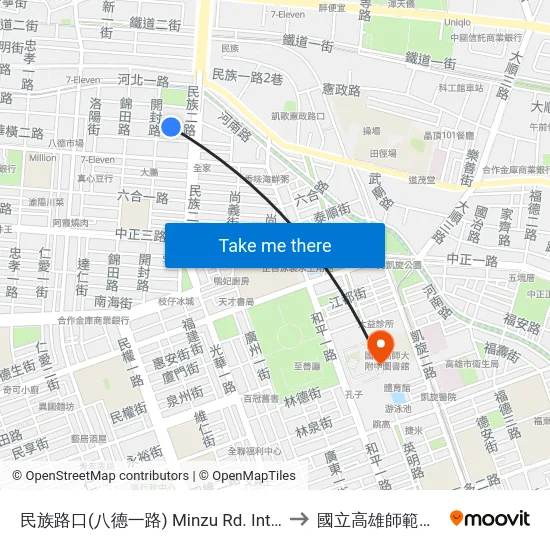 民族路口(八德一路) Minzu Rd. Intersection(Bade 1st Rd.) to 國立高雄師範大學和平校區 map