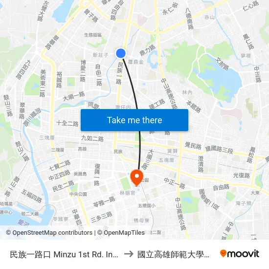 民族一路口 Minzu 1st Rd. Intersection to 國立高雄師範大學和平校區 map