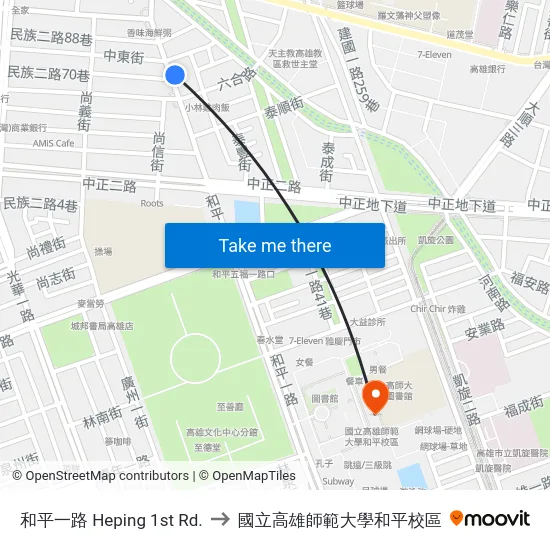 和平一路 Heping 1st Rd. to 國立高雄師範大學和平校區 map