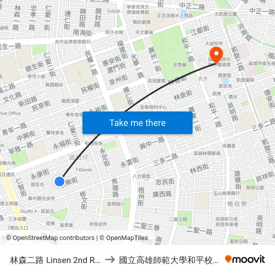 林森二路 Linsen 2nd Rd. to 國立高雄師範大學和平校區 map