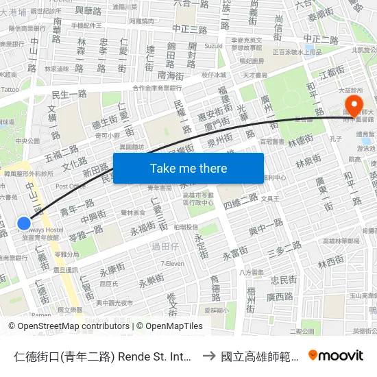 仁德街口(青年二路) Rende St. Intersection(Cingnian 2nd Rd.) to 國立高雄師範大學和平校區 map