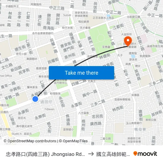 忠孝路口(四維三路) Jhongsiao Rd. Intersection(Sihwei 3rd Rd.) to 國立高雄師範大學和平校區 map