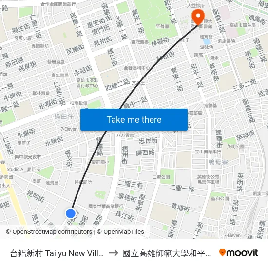 台鋁新村 Tailyu New Village to 國立高雄師範大學和平校區 map