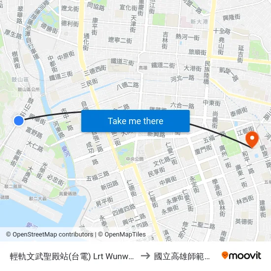 輕軌文武聖殿站(台電) Lrt Wunwu Temple Station(Tpc) to 國立高雄師範大學和平校區 map