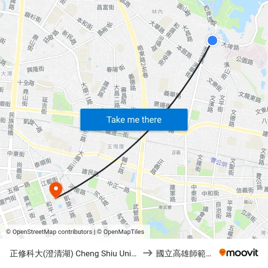 正修科大(澄清湖) Cheng Shiu University(Cheng Ching Lake) to 國立高雄師範大學和平校區 map