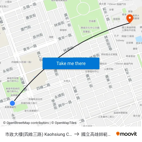 市政大樓(四維三路) Kaohsiung City Hall(Sihwei 3rd Rd.) to 國立高雄師範大學和平校區 map