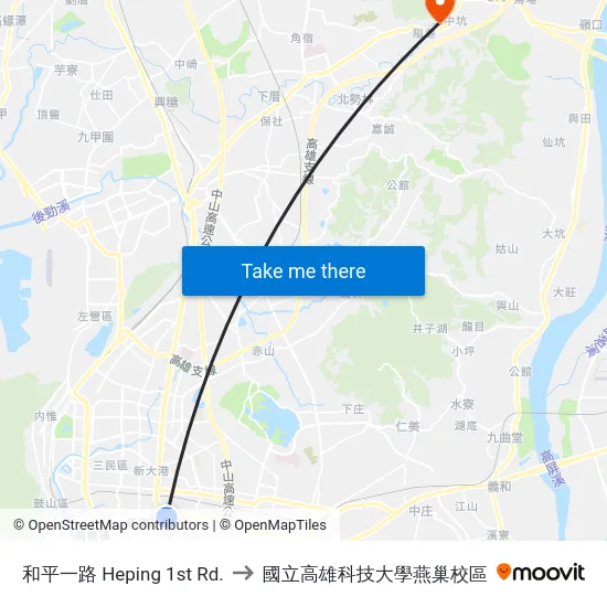 和平一路 Heping 1st Rd. to 國立高雄科技大學燕巢校區 map