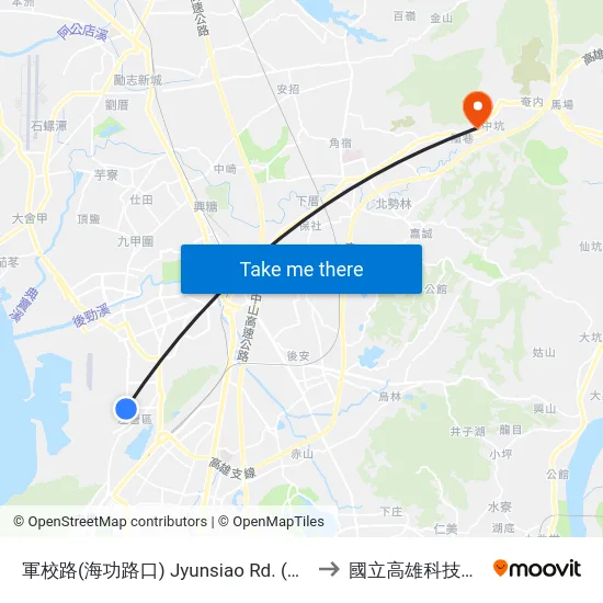 軍校路(海功路口) Jyunsiao Rd. (Haigong Rd. Intersection) to 國立高雄科技大學燕巢校區 map
