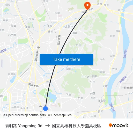 陽明路 Yangming Rd. to 國立高雄科技大學燕巢校區 map