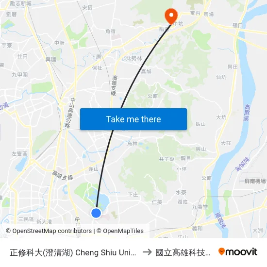 正修科大(澄清湖) Cheng Shiu University(Cheng Ching Lake) to 國立高雄科技大學燕巢校區 map