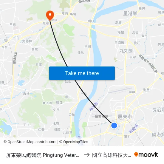 屏東榮民總醫院 Pingtung Veterans General Hospital to 國立高雄科技大學燕巢校區 map