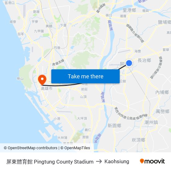 屏東體育館 Pingtung County Stadium to Kaohsiung map