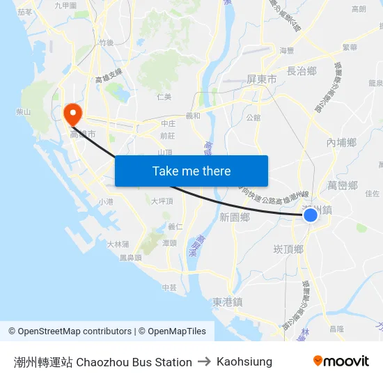 潮州轉運站 Chaozhou Bus Station to Kaohsiung map
