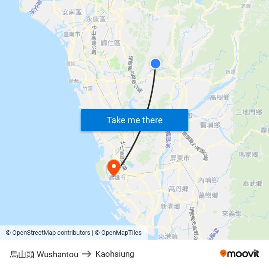 烏山頭 Wushantou to Kaohsiung map