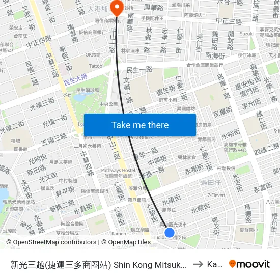 新光三越(捷運三多商圈站) Shin Kong Mitsukoshi Department Store(Mrt Sandou Shopping District Station) to Kaohsiung map