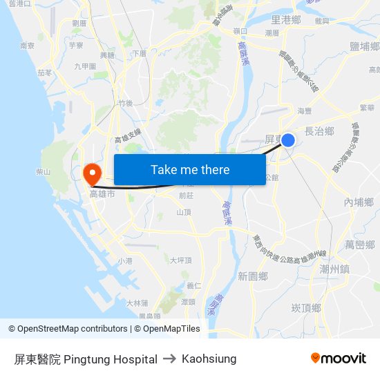 屏東醫院 Pingtung Hospital to Kaohsiung map