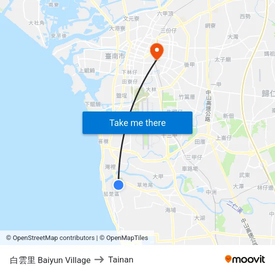 白雲里 Baiyun Village to Tainan map