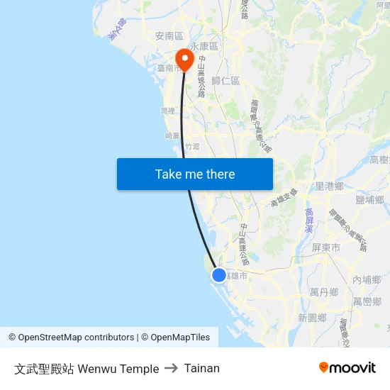 Wenwu Temple to Tainan map