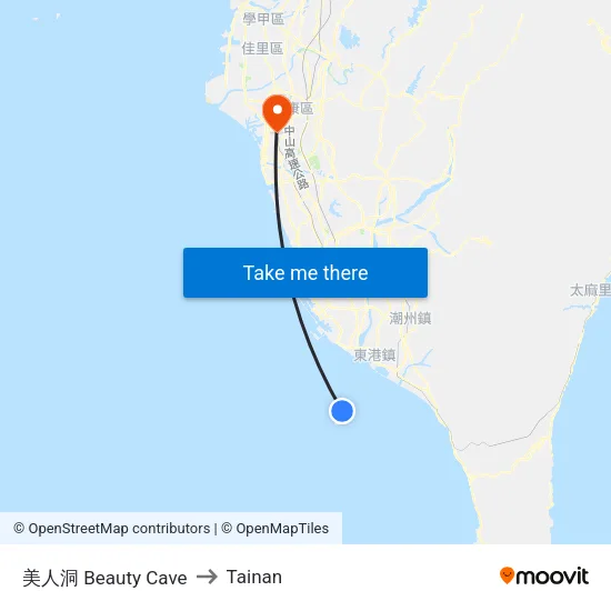 Beauty Cave to Tainan map
