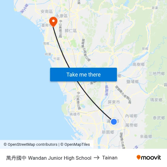 Wandan Junior High School to Tainan map