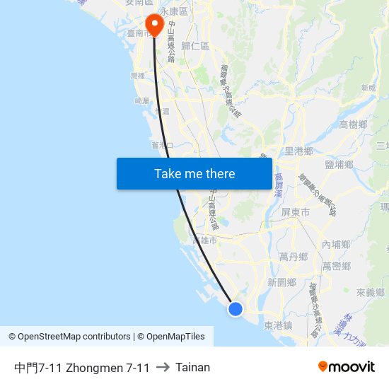 中門7-11 Zhongmen 7-11 to Tainan map