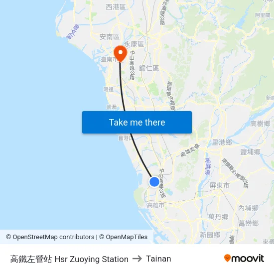 HSR Zuoying Station to Tainan map