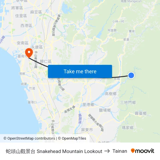Snakehead Mountain Lookout to Tainan map