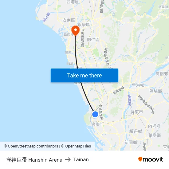 Hanshin Arena to Tainan map