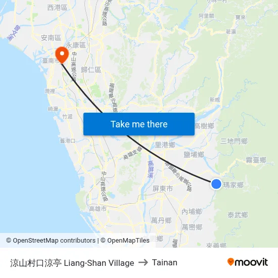 Liang-Shan Village to Tainan map