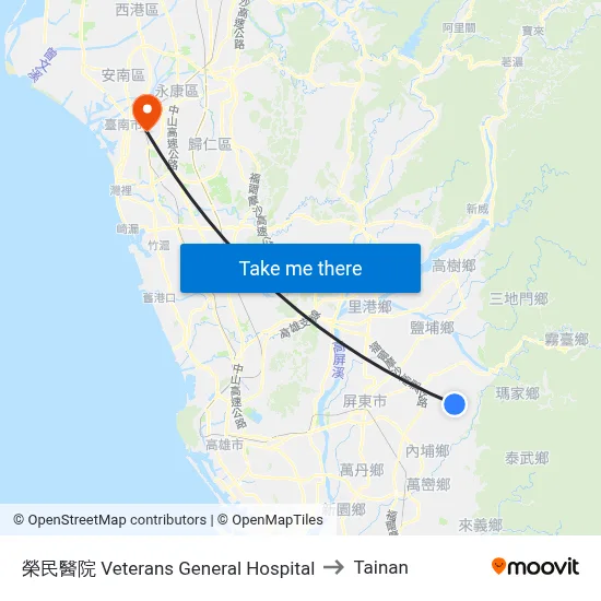 Veterans General Hospital to Tainan map