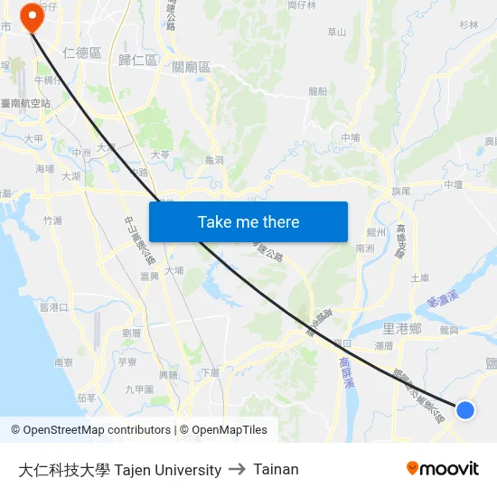 Tajen University to Tainan map