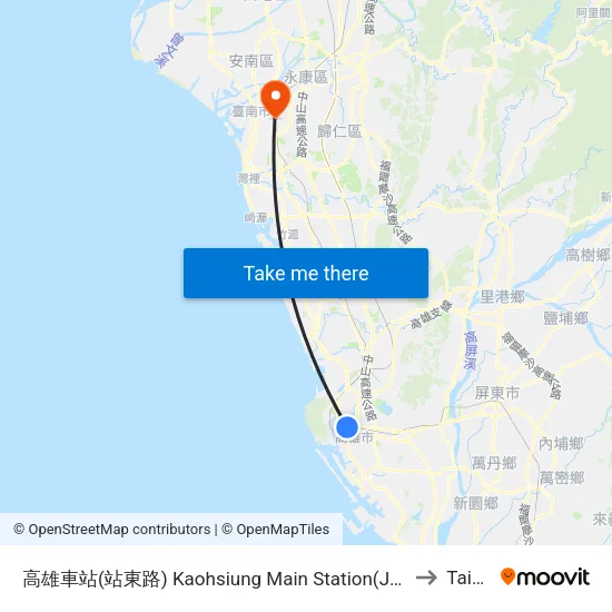 Kaohsiung Main Station (Jhandong Rd.) to Tainan map