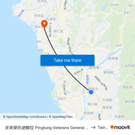 Pingtung Veterans General Hospital to Tainan map