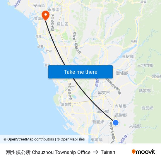 潮州鎮公所 Chauzhou Township Office to Tainan map