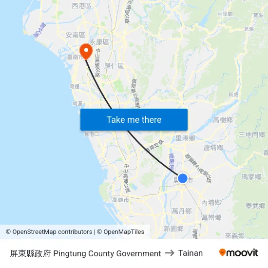 屏東縣政府 Pingtung County Government to Tainan map