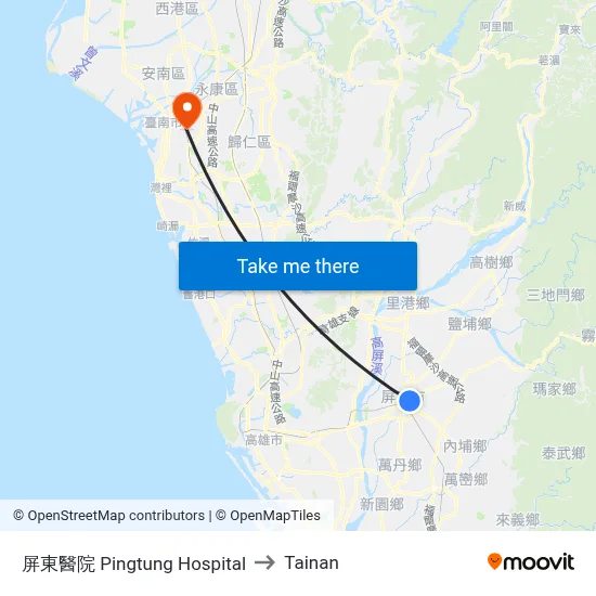 Pingtung Hospital to Tainan map
