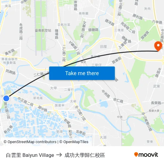 白雲里 Baiyun Village to 成功大學歸仁校區 map