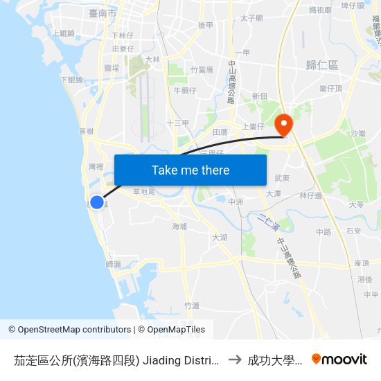 茄萣區公所(濱海路四段) Jiading District Office(Binhai Rd. Sec. 4) to 成功大學歸仁校區 map