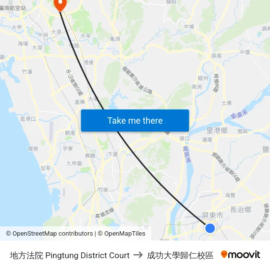 地方法院 Pingtung District Court to 成功大學歸仁校區 map