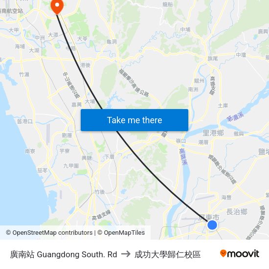 廣南站 Guangdong South. Rd to 成功大學歸仁校區 map