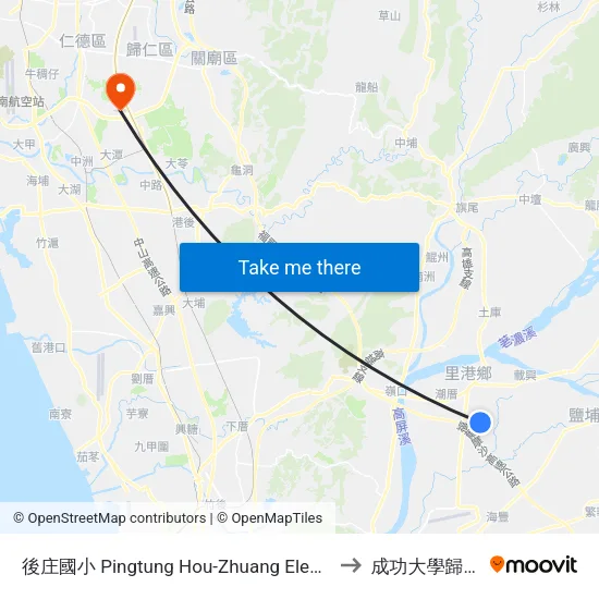 後庄國小 Pingtung Hou-Zhuang Elementary School to 成功大學歸仁校區 map