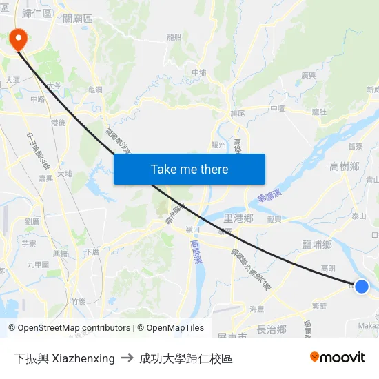 下振興 Xiazhenxing to 成功大學歸仁校區 map