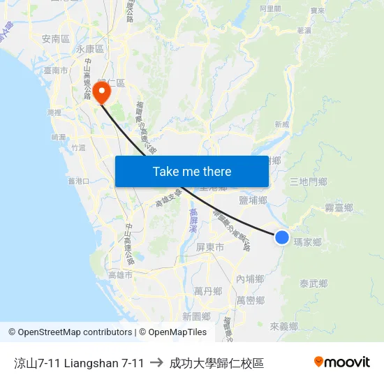 涼山7-11 Liangshan 7-11 to 成功大學歸仁校區 map