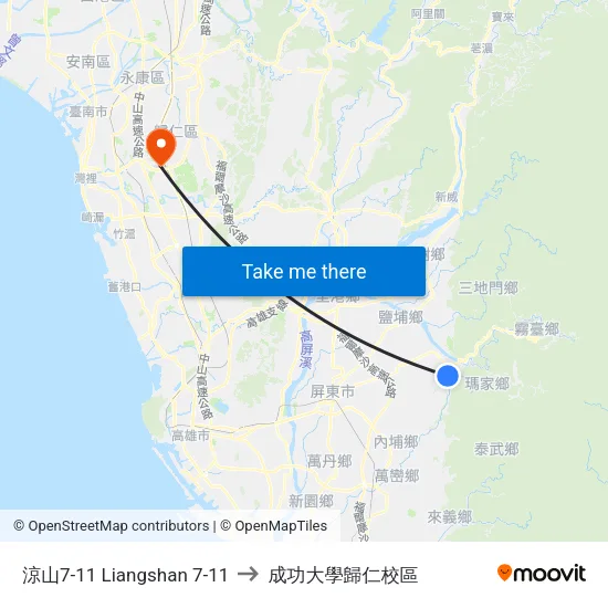 涼山7-11 Liangshan 7-11 to 成功大學歸仁校區 map