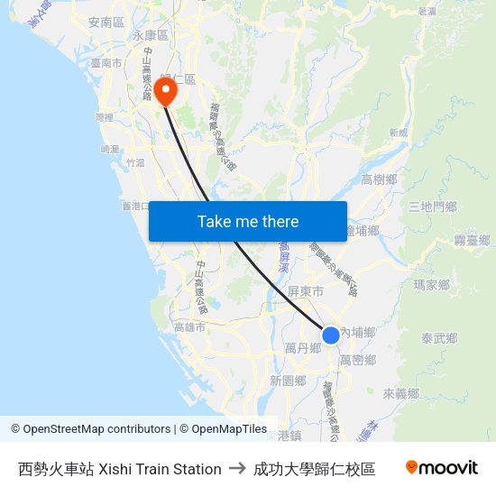 西勢火車站 Xishi Train Station to 成功大學歸仁校區 map