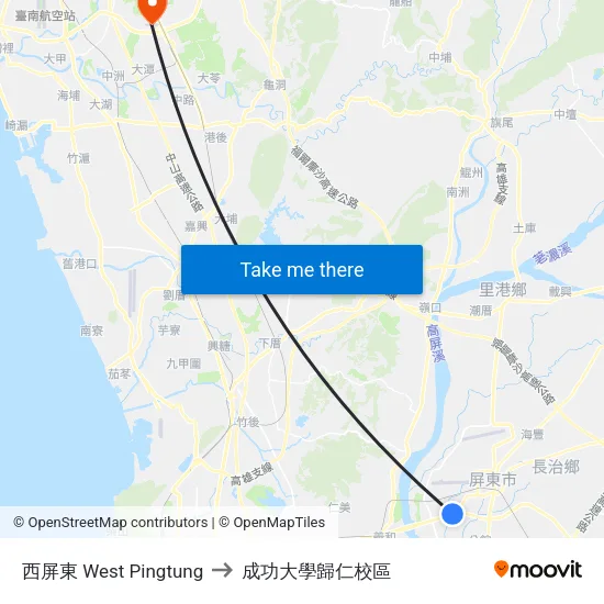 西屏東 West Pingtung to 成功大學歸仁校區 map