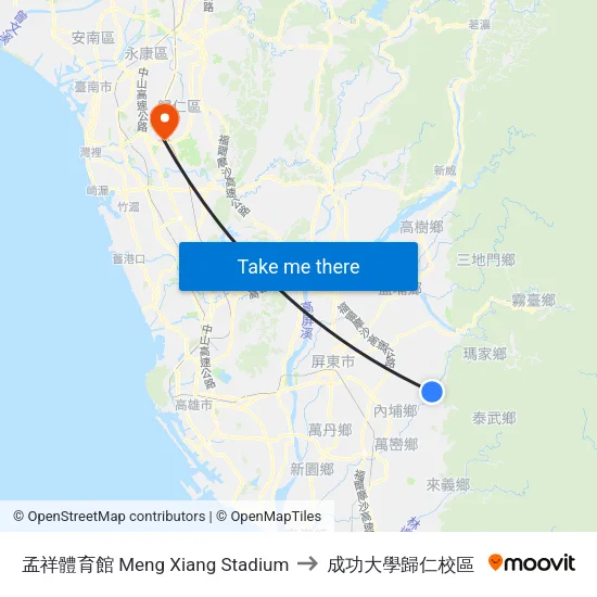 孟祥體育館 Meng Xiang Stadium to 成功大學歸仁校區 map