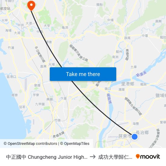 中正國中 Chungcheng Junior High School to 成功大學歸仁校區 map